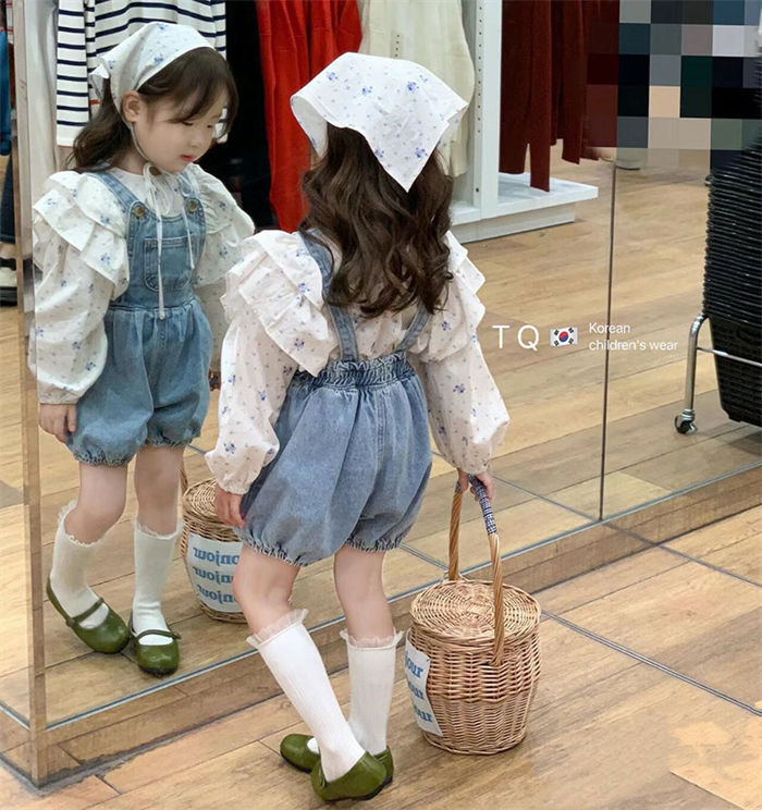 【時間限定10%OFF】セットアップ ベビー 子供服 キッズ 女の子 ブラウス 春秋 上下セット サロペット デニム トップス シャツ ショートパンツ 子供 おしゃれ 可愛い カジュアル おしゃれ 可愛い 薄手 ガールズ 花柄 新品 ターバン付き 90 100 110 120 130 140