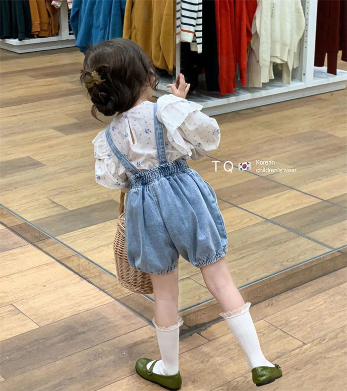 【時間限定10%OFF】セットアップ ベビー 子供服 キッズ 女の子 ブラウス 春秋 上下セット サロペット デニム トップス シャツ ショートパンツ 子供 おしゃれ 可愛い カジュアル おしゃれ 可愛い 薄手 ガールズ 花柄 新品 ターバン付き 90 100 110 120 130 140