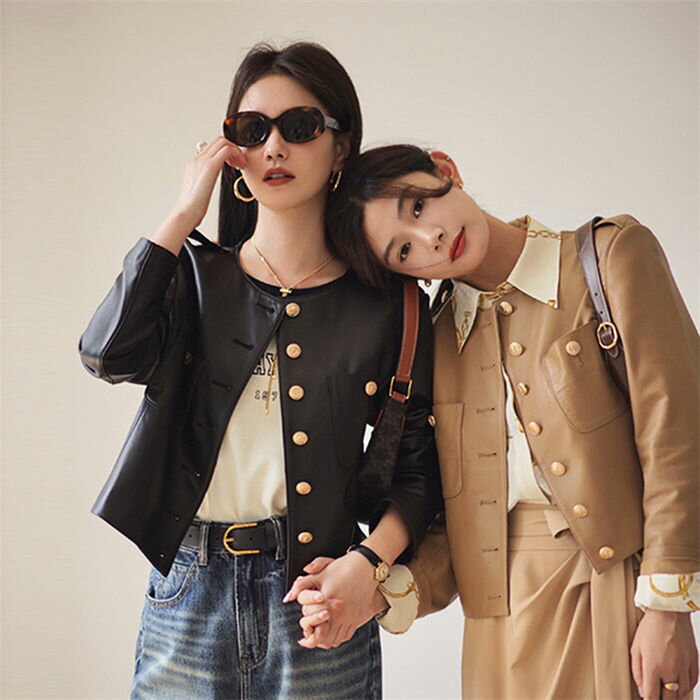 【時間限定10％OFF】本革ジャケット 革コート ラムレザージャケット 女性 リアルレザー 秋冬アウター 折り襟ジャケット ショート丈 長袖 ブラック 送料無料