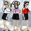 【時間限定10%OFF】子供服 セットアップ キッズ 女の子 半袖 2点セット 上下セット Tシャツ 薄手 ショートパンツ 肩出し おしゃれ カジュアル 涼しい...