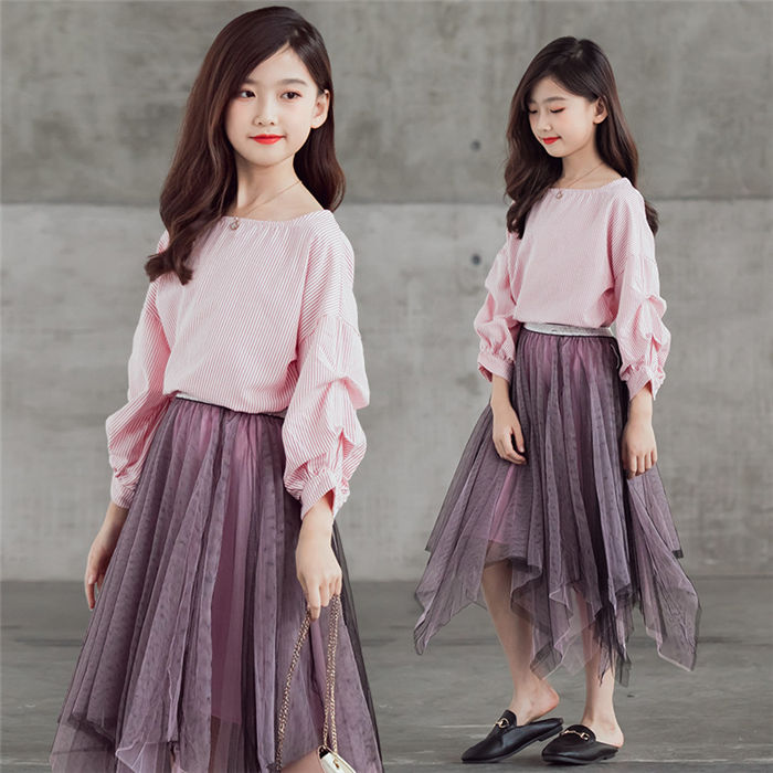 【時間限定10％OFF】子供服 セットアップ キッズ 女の子 長袖 春秋 2点セット 上下セット Tシャツ パーカー 膝丈スカート ジュニア おしゃれ カジュアル 可愛い 涼しい 新品