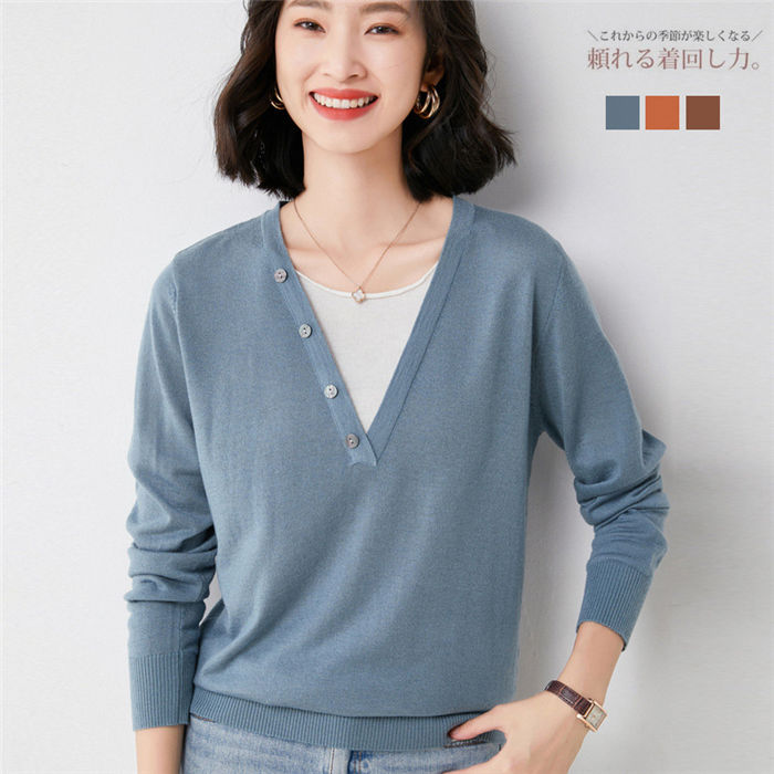 Rakuten - 【時間限定10%OFF】ニットセーター レディース ドルマンニット 長袖 ドルマン リブニット 偽Vネック ニットトプス セーター ストライプ ゆるニット ゆったり 美ゆる