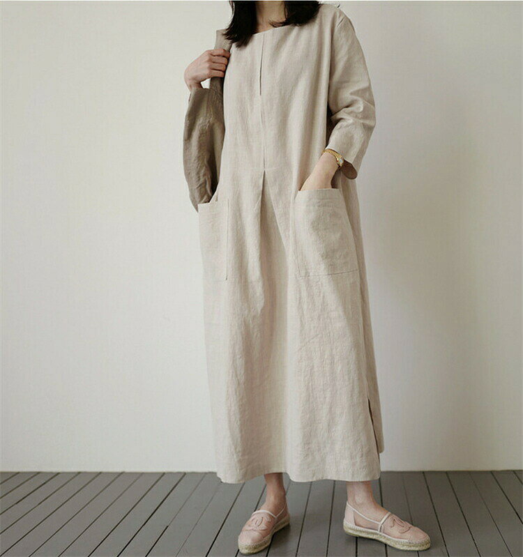 【時間限定10%OFF】リネンワンピース 綿麻 亜麻 混 ボートネック バルーンシルエット 七分袖 マキシ丈 無地 ワンピ ゆったり レディース 麻ワンピ 体型カバー リネンワンピ オリジナル 春 夏