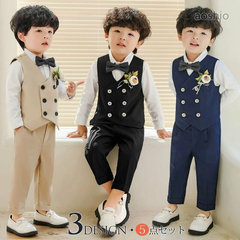 Rakuten - 入学式 結婚式 男の子 男児 卒園式撮影 子供服 かっこいい スーツ フォーマル 春 お呼ばれ おしゃれ キッズ 5点セット こども 発表会 ジュニア 秋 ベビー服 セットアップ 長袖