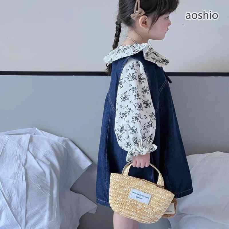 Rakuten - 子供服 セットアップ 女の子 花柄ブラウス デニムスカート 2点セット 長袖シャツ チュニック 膝丈スカート 春秋 かわいい ガールズ ベビー おしゃれ着 普段着 キッズ