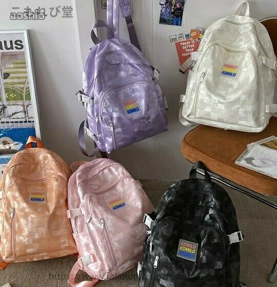 Rakuten - キラキラチェックリュック5色バックパックロゴバッグ学生通学大容量A4白ホワイト黒ブラックパープルピンクオレン