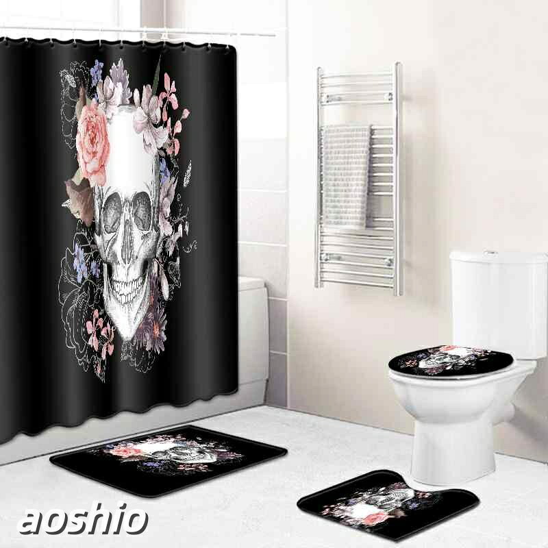 Rakuten - シャワーカーテンセット スカル ドクロ柄 3点セット ポリエステル 撥水加工 バスマット トイレマット 浴室 バスルーム 洗面所 アメリカン モダン インテリア かっこいい おしゃれ 通年