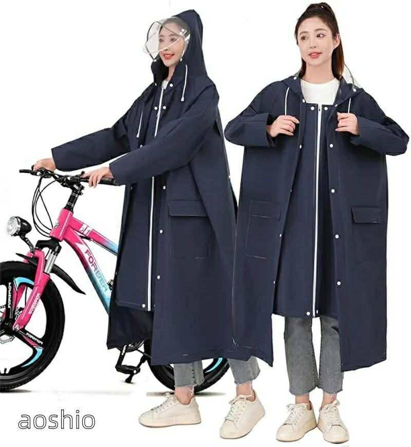 乐天商城 - レインコート 二重つば 2ポケット 男女兼用 大きめレインコート ロング丈 おしゃれ 自転車 梅雨 通学 軽バイク通勤
