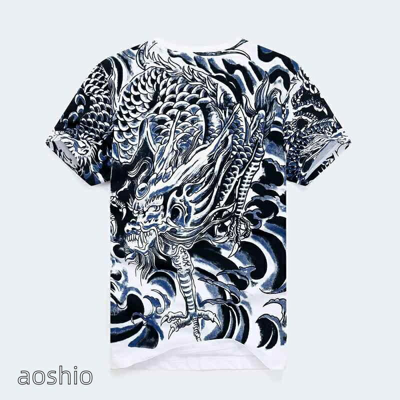 トップス 夏 チャイナ風 タトゥー風 入れ墨風 Tシャツ 快適 通気性 メンズ 半袖 龍柄 ドラゴン模様 白 灰色 観光 大きいサイズあり 軽量