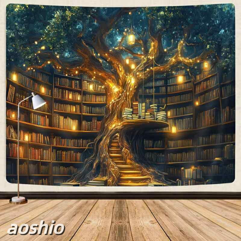タペストリー ファンタジー 神秘的な木 魔法の書棚 図書館 レトロ アンティーク調 ...