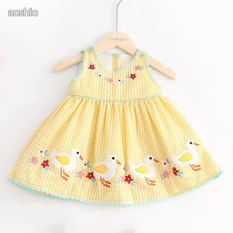 ワンピース ベビー 女の子 ノースリーブ アヒル柄 刺繍 チェック柄 綿混 夏服 フレア 子供服 かわいい おしゃれ カジュアル お出かけ 幼稚園 保育園 通園