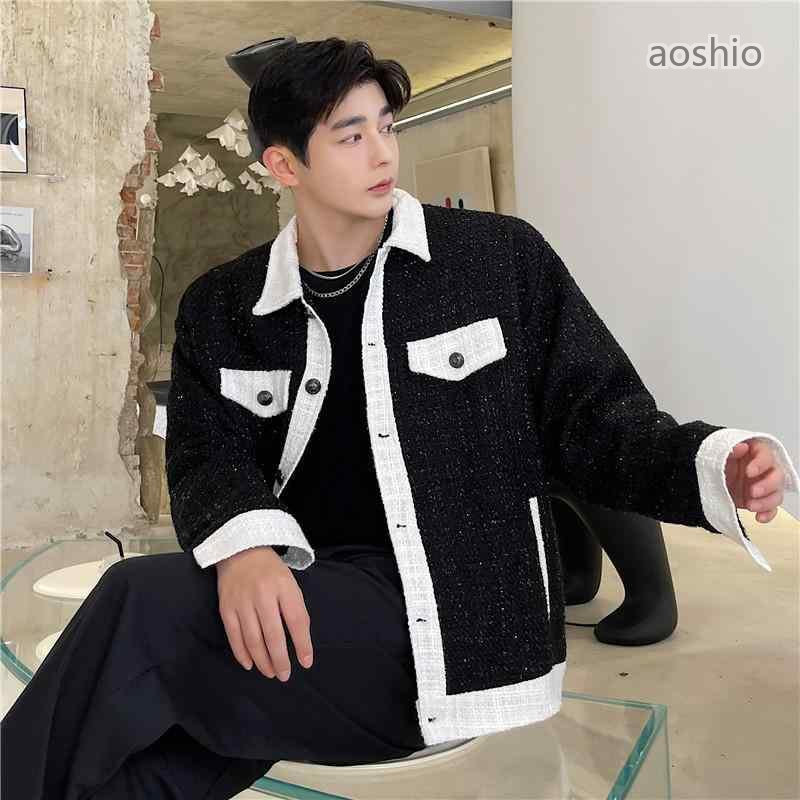 乐天商城 - ジャケット メンズ 春 カジュアル アウター トップス ツイード 長袖 襟 ボタン ポケット ショート丈 ゆったり おしゃれ バイカラー 大きいサイズ 白 黒