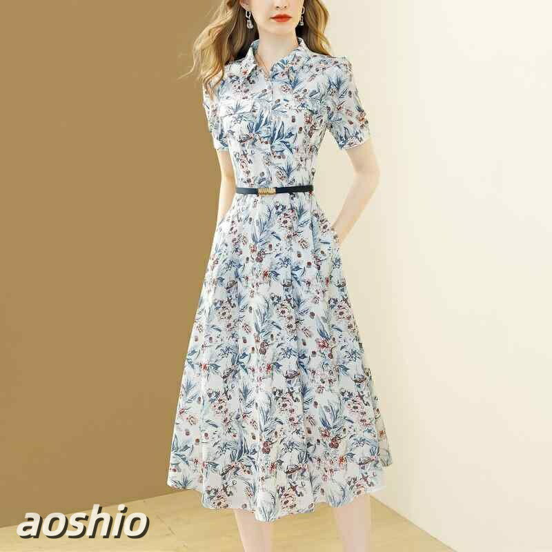 Rakuten - レディース 夏 シャツワンピース 小花柄 通勤用 上品 高級感 ウエストマーク ミドル丈 Aライン フレア ドレス オフィス スタイリッシュ 軽やか タイプ ブラウス 綿混