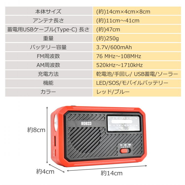 【短納期】多機能防災ラジオ AM/FM対応 4WAY充電 LEDライト SOS機能 スマホ充電 モバイルバッテリー 乾電池 USB充電 手回し充電 ソーラー充電 防災グッズ 地震 台風 津波 火災 停電時 災害用 sg157