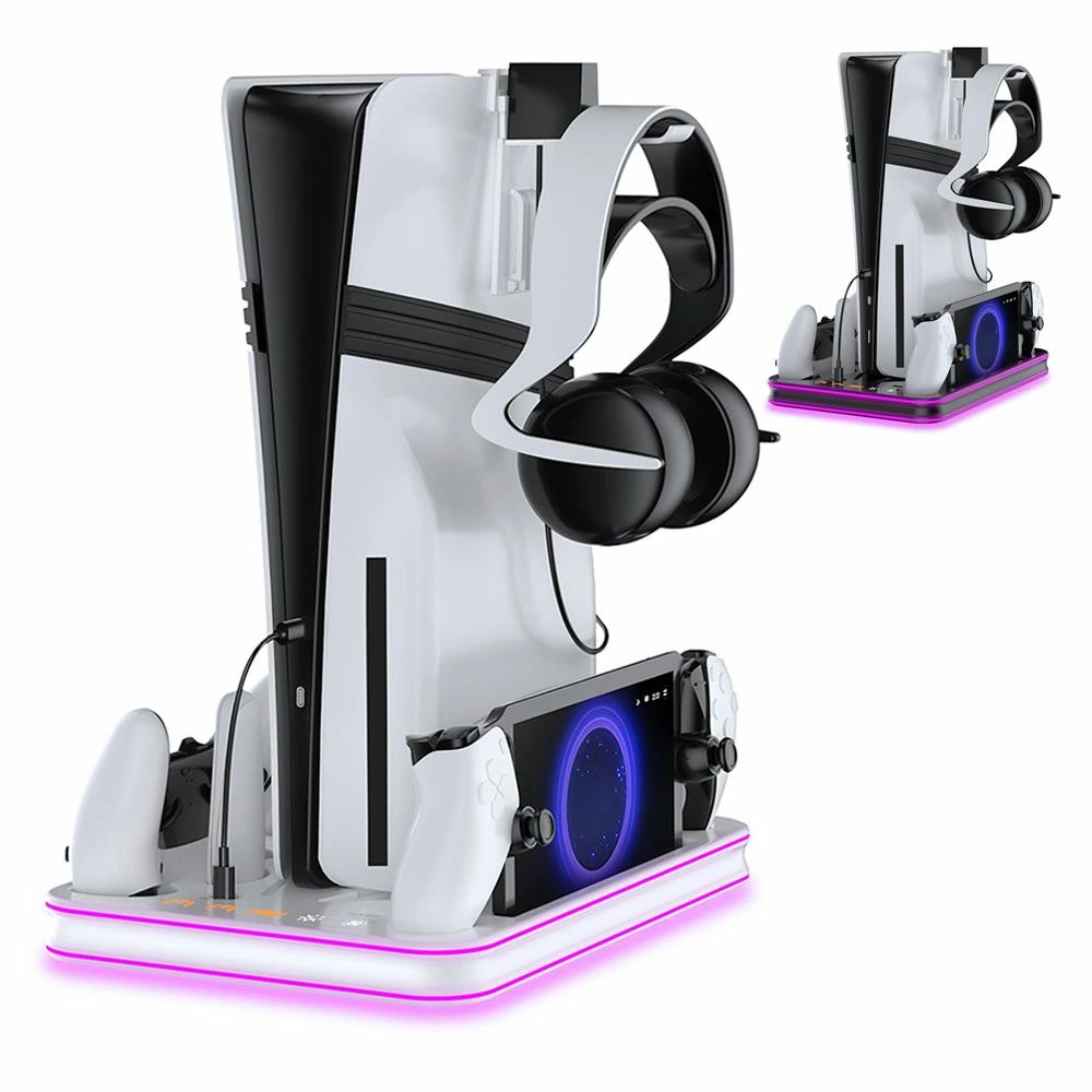 縦置きスタンド PS5 / Slim（新型PS5）/ Pro シリーズ用 冷却ファン機能付き PSポータル コントローラー2台充電 ヘッドセット ホルダー
