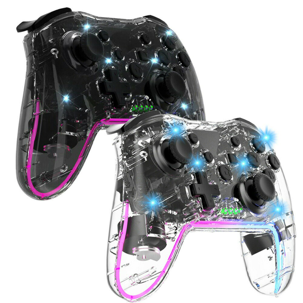 6軸ジャイロ 連射 7色RGB ワイヤレス コントローラー Bluetooth 600mAh クリア 透明デザイン Switch PC PS3 Android 対応 デュアル振動