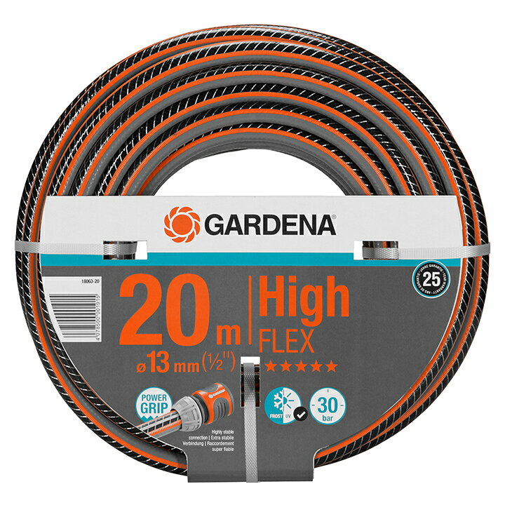 ■商品名：コンフォートHighFLEXホース 内径13mm×20m■コード：53704400 丈夫な散水ホース【商品詳細】 サイズ：約幅37cm×奥行37cm×高さ8cm重量：約2.9kg材質：塩化ビニル樹脂備考：［ホース内径］13mm（1/2）［ホース長さ］20m［耐圧］30bar ［品質保証］25年 完成品【保証について】 ■製品パッケージについている保証期間をご確認下さい。 ■通常使用状況で万一故障の場合には無償修理または交換致します。 　当店へ「購入履歴がわかる注文番号などの情報」と「故障の状態がわかる写真」をご提示のうえご相談下さい。 ■次の場合は、保証の対象外となります。 ・製品と購入証明書の提示がない場合 ・業務用として使用していた場合の故障および損傷 ・商品または部品の経年変化(使用に伴う消耗や摩耗など)や経年劣化(樹脂部分の変質や変色など) ・移動や落下による故障および損傷 ・保証期間満了後のご依頼 ・当店以外で購入した製品 ※当店のGARDENA製品は、正規輸入販売元から仕入れた正規品です。 型番：18063-20