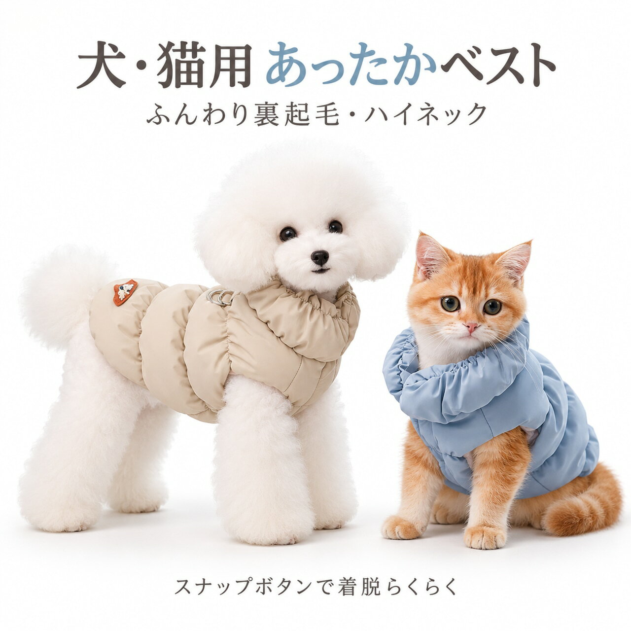 裏起毛の犬猫用冬ベスト。ハイネックで首元まで包み、スナップボタンで着脱簡単。背中リング付きで、5カラー、XSからXXLまで選べます。 商品説明文 寒い季節のお散歩やお出かけにおすすめの、犬猫用裏起毛ベストです。 表側はふっくらとした中綿入り風のデザインで、内側にはやわらかな裏起毛生地を使用しています。首元まで包み込むハイネック仕様で、寒い季節の冷たい風が気になるときにも取り入れやすいペットウェアです。 前側はスナップボタンで開閉できるため、頭から無理にかぶせることなく、前足を通してボタンを留めるだけで着せられます。袖のないベストタイプなので、愛犬や愛猫の動きを妨げにくいシンプルなデザインです。 背中にはダブルリングを備え、お散歩時の使いやすさにも配慮しています。リングをリードに接続して使用する場合は、リングや縫製部分の強度を事前に確認し、安全のためペット用ハーネスなどを併用してください。 カラーはライトブルー、カーキ、ピンク、パープル、ブラックの5色展開。サイズはXSからXXLまで用意しており、胸まわりと着丈を確認しながら、愛犬や愛猫の体格に合わせてお選びいただけます。 普段のお散歩はもちろん、寒い季節のお出かけや日常の防寒対策に取り入れやすい、かわいらしさと実用性を兼ね備えたペット用ベストです。 製品仕様 商品名：犬猫用裏起毛ハイネックベスト サイズ：XS、S、M、L、XL、XXL カラー：ライトブルー、カーキ、ピンク、パープル、ブラック 仕様：裏起毛、ハイネック、ノースリーブ、前開きスナップボタン、背中ダブルリング付き サイズ表 サイズ 胸まわり 着丈 XS 約28cm 約20cm S 約37cm 約25cm M 約43cm 約30cm L 約51cm 約35cm XL 約57cm 約40cm XXL 約64cm 約45cm 商品のおすすめポイント POINT1 裏起毛でふんわりとした着心地 内側にやわらかな裏起毛生地を使用。寒い季節のお散歩やお出かけに取り入れやすい、あたたかみのある着心地を目指したペット用ベストです。 POINT2 首元まで包むハイネック仕様 首元を覆うハイネックデザインが特徴です。首まわりの冷えが気になる季節にも使いやすく、見た目にもすっきりとした印象に仕上がります。 POINT3 スナップボタンで着脱しやすい 前側が開く仕様で、前足を通してボタンを留めるだけで着用できます。着替えの際に頭から無理にかぶせる必要がなく、日常のお着替えにも便利です。 POINT4 背中にダブルリング付き 背中に2つのリングを備えたデザインです。お出かけ時に便利な仕様ですが、リードの接続用として使用する場合は強度を確認し、専用ハーネスとの併用をおすすめします。 POINT5 袖なしで動きやすいベストタイプ 前足を通すシンプルなノースリーブ仕様です。袖付きのウェアが苦手なペットにも検討しやすく、普段のお散歩やお出かけに取り入れやすいデザインです。 POINT6 選べる5カラー ライトブルー、カーキ、ピンク、パープル、ブラックの5色展開。ペットの毛色や普段の雰囲気に合わせて、お好みのカラーをお選びいただけます。 POINT7 XSからXXLまでのサイズ展開 XSからXXLまでの6サイズを用意しています。胸まわりと着丈の寸法を確認し、ペットの体格や毛量に合ったサイズをお選びください。 POINT8 お散歩や普段のお出かけに 寒い季節のお散歩や日常のお出かけなど、さまざまな場面で活用できます。実用性とかわいらしさを両立したデザインで、冬のペットコーディネートにもおすすめです。 注意事項 サイズについて サイズ表は商品の実寸を記載しています。測定方法や製造工程により、実際の商品と多少の誤差が生じる場合があります。ご購入前に胸まわりと着丈をご確認ください。 サイズ選びについて ペットの体格、毛量、体型によって適したサイズは異なります。胸まわりを基準に、着丈や首まわりにも余裕があるかをご確認ください。きつすぎるサイズや大きすぎるサイズは避けてください。 カラーについて 商品の色味は、ご使用のモニターや画面設定、撮影時の照明などにより、実際の商品と異なって見える場合があります。あらかじめご了承ください。 リングの使用について 背中のリングは、リードの引っ張りに対する強度や安全性を保証するものではありません。リードの接続用として使用する場合は、リングや縫製部分の状態を確認し、専用ハーネスなどを併用してください。 着用時の注意 着用後は、首まわりや胸まわりが締め付けられていないか、前足を動かしにくくなっていないかをご確認ください。嫌がる様子や異常が見られた場合は、直ちに使用を中止してください。 お手入れについて 洗濯方法の詳細は商品に付属する洗濯表示をご確認ください。お手入れの際は、スナップボタンやリングなどの付属部分にもご注意ください。 使用中の確認について 初めて着用する際は短時間から様子を見て、ペットの反応を確認してください。着用中は目を離さず、破損やほつれなどが見られた場合は使用を中止してください。