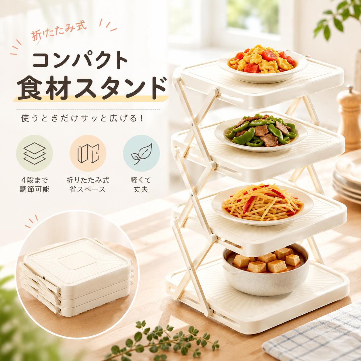 新作キッチン多機能食材ラック 折りたたみ可能 多段棚付き 下ごしらえ用トレイ収納ラック 3段・4段から選択可能