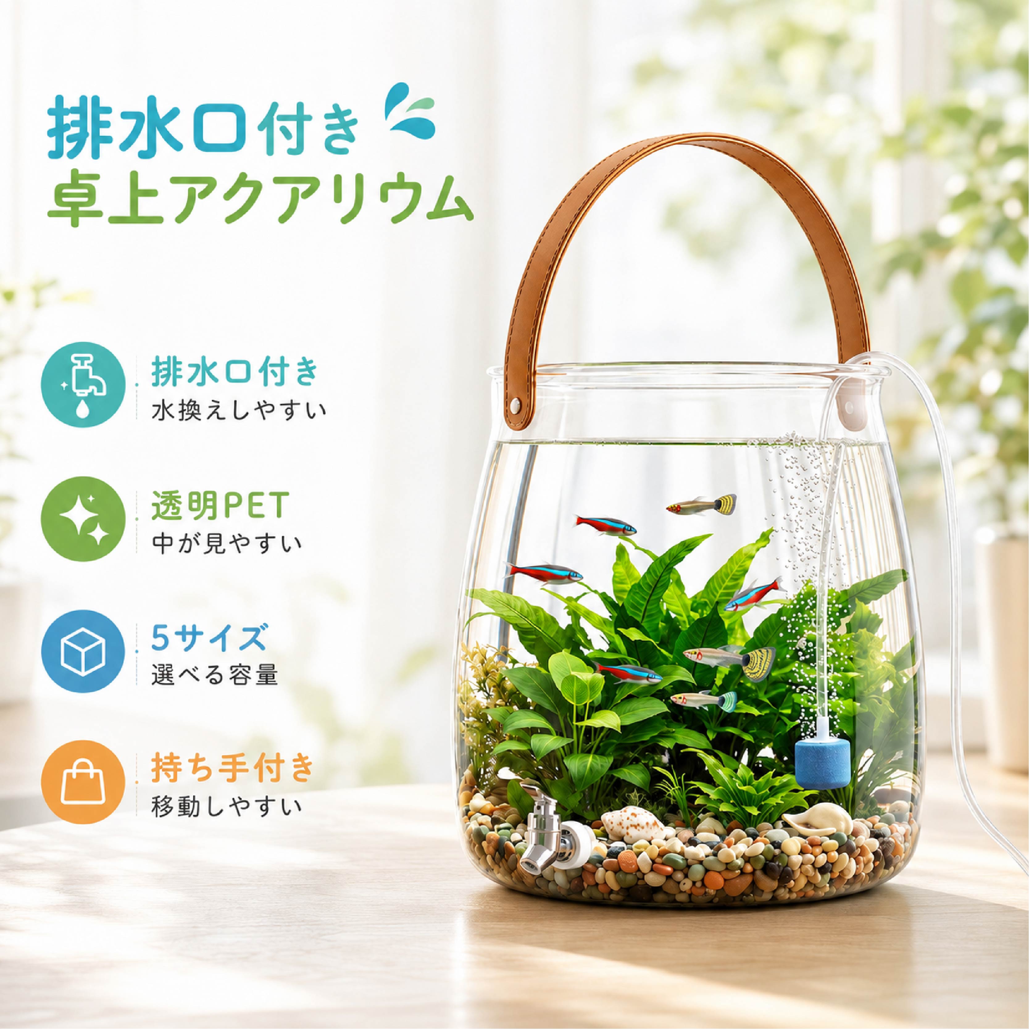 【 MAX 20%OFF！SS限定】 排水口付き 卓上アクアリウム 水槽 小型水槽 透明 PET クリア 3.2L 5.2L 9L 15L 26L 5サイズ 持ち手付き 水換えしやすい 丸型 ミニ水槽 観賞魚 水草 インテリア リビング デスク