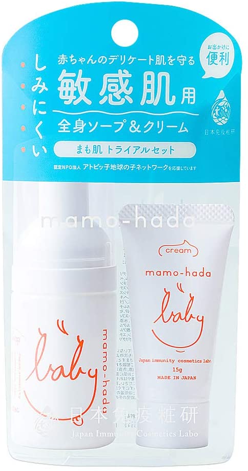 まも肌 ベビーミルキークリーム 15g 保湿クリームと まも肌 ベビー泡ソープ 30mL 全身泡ソープのセットです ベビー泡ソープ（顔・身体・髪用）とベビーミルキークリーム（全身用）のミニサイズがセットになった、お出かけにも便利なトライアルセット。まも肌　ベビー泡ソープ 【まも肌 ベビー泡ソープ】 保湿クリームを泡にした、、しっとりタイプの全身用ソープ クリーミーな泡で敏感な赤ちゃん・お子さまの肌をしっとりと洗い上げます。 目に染みる成分も配合していないので、赤ちゃんとママのストレスも軽減します。 【まも肌 ベビーミルキークリーム】 敏感肌の赤ちゃんでも使える低刺激の保湿成分だけを厳選して配合 伸びが良くべとつかず、何度でも塗ってあげられる使用感です。 刺激因子を極限まで排除（ゼロ0添加） 敏感肌の赤ちゃんにも使えるて肌にやさしい ※防腐剤・石油系界面活性剤・キレート剤・pH調整剤・着色料・香料・アルコール・食物アレルギー成分不使用・敏感肌対象パッチテスト・アレルギーテスト（累積刺激試験）・スティンギングテスト済み ※全ての方にアレルギーや肌トラブルが起こらないということではありません。 【製造】 株式会社　日本免疫粧研 大阪市東淀川区西淡路1-1-35 お問合せ先　06-4862-5542 【広告文責】 ロングライフメディカル株式会社 　　　 　　大阪府大阪市北区中崎西2-4-12　梅田センタービル25階 お問い合わせ：0800-919-4182（フリーコール）