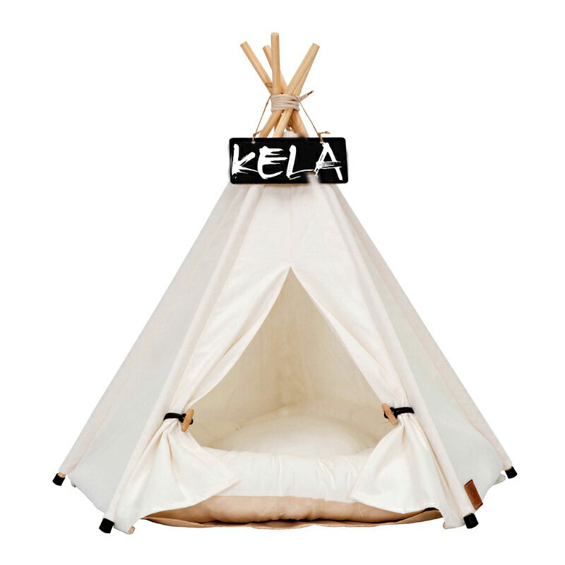 ペットハウス 犬 ティピーテント テント ネームプレート クッション付き 犬 ベッド ケージ テント 犬用ベッド 猫用ベッド ドッグハウス ホワイト【Lサイズ 60×60×70cm】