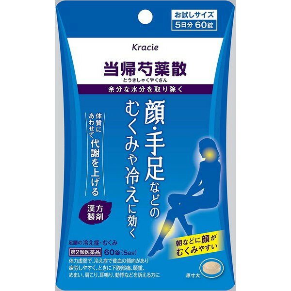 ※パッケージデザイン等は予告なく変更されることがあります 〜からだを温めながら水分代謝を高めて、むくみと足腰の冷え症に効く〜 &nbsp;★手足や顔などのむくみが気になる方へ ひんやり寒がりむくみ、クラっと貧血むくみなど。 &nbsp;★水分代謝を高め、余分な水分を取り除くことで、むくみ、足腰の冷え症を治します 効能・効果 体力虚弱で、冷え症で貧血の傾向があり疲労しやすく、ときに下腹部痛、頭重、めまい、肩こり、耳鳴り、動悸などを訴えるものの次の諸症：月経不順、月経異常、月経痛、更年期障害、産前産後あるいは流産による障害（貧血、疲労倦怠、めまい、むくみ）、めまい・立ちくらみ、頭重、肩こり、腰痛、足腰の冷え症、しもやけ、むくみ、しみ、耳鳴り 成分・分量 成人1日の服用量12錠（1錠400mg）中、次の成分を含んでいます。 トウキ末・・・409mg センキュウ末・・・409mg シャクヤク末・・・546mg ブクリョウ末・・・546mg ソウジュツ末・・・546mg タクシャ末・・・546mg 添加物として、ヒドロキシプロピルセルロース、ケイ酸Al、ステアリン酸Mg、セルロースを含有する。 容量 60錠 用法・用量 次の量を1日3回食前又は食間に水又は白湯にて服用。 年齢 1回量 1日服用回数 成人(15才以上) 4錠 3回 15才未満7才以上 3錠 7才未満5才以上 2錠 5才未満 服用しないこと 《用法用量に関連する注意》 小児に服用させる場合には、保護者の指導監督のもとに服用させてください。 使用上の注意 《相談すること》 次の人は服用前に医師、薬剤師又は登録販売者に相談してください 医師の治療を受けている人 胃腸の弱い人 今までに薬などにより発疹・発赤、かゆみ等を起こしたことがある人 むくみ 服用後、次の症状があらわれた場合は副作用の可能性があるので、直ちに服用を中止し、この文書を持って医師、薬剤師又は登録販売者に相談してください 関係部位症状 皮膚発疹・発赤、かゆみ消化器食欲不振、胃部不快感 1ヵ月位服用しても症状がよくならない場合は服用を中止し、この文書を持って医師、薬剤師又は登録販売者に相談してください 1ヵ月位服用しても症状がよくならない場合は服用を中止し、この文書を持って医師、薬剤師又は登録販売者に相談してください 保管及び取扱い上の注意 《保管及び取扱い上の注意》 直射日光の当たらない湿気の少ない涼しい所に密栓して保管してください。 小児の手の届かない所に保管してください。 他の容器に入れ替えないでください。(誤用の原因になったり品質が変わります。) ビンの中の詰物は、輸送中に錠剤が破損するのを防ぐためのものです。開栓後は不要となりますのですててください。 使用期限のすぎた商品は服用しないでください。 水分が錠剤につきますと、変色または色むらを生じることがありますので、誤って水滴を落としたり、ぬれた手で触れないでください。 メーカー名 クラシエ薬品株式会社 商品区分 第2類医薬品 広告文責 有限会社　永井(090-8657-5539,072-960-1414)　