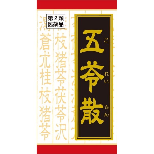 ※パッケージデザイン等は予告なく変更されることがあります ■ 「五苓散（ゴレイサン）」は水湿状態として、のどが渇いて、尿量が少なく、はき気、嘔吐、腹痛、頭痛、むくみなどのいずれかを伴う人で、水瀉性下痢、急性胃腸炎、暑気あたり、頭痛、むくみに効果があります ※漢方では、体内の水分吸収・排泄がうまく調節されない状態を「水湿（スイシツ）」といいます 効能 のどが渇いて、尿量が少なく、はき気、嘔吐、腹痛、頭痛、むくみなどのいずれかを伴う次の諸症： 水瀉性下痢、急性胃腸炎（しぶり腹のものには服用しないこと）、暑気あたり、頭痛、むくみ 成分 1日分12錠（1錠400mg）中タクシャ末・・・703mgチョレイ末・・・422mgブクリョウ末・・・422mgソウジュツ末・・・422mgケイヒ末・・・281mg添加物として、セルロース、ケイ酸Al、ヒドロキシプロピルセルロース、ステアリン酸Mgを含有する 用法・用量 1日3回食前又は食間に水又は白湯にて服用。成人（15才以上）・・・1回4錠15才未満7才以上・・・1回3錠7才未満5才以上・・・1回2錠5才未満・・・服用しないこと 容量 180錠 ご注意 相談すること 1.次の人は服用前に医師又は薬剤師に相談してください 医師の治療を受けている人 妊婦又は妊娠していると思われる人 今までに薬により発疹・発赤、かゆみ等を起こしたことがある人 2.次の場合は、直ちに服用を中止し、この文書を持って医師又は薬剤師に相談してください 服用後、次の症状があらわれた場合 皮ふ・・・発疹・発赤、かゆみ 1ヵ月位（急性胃腸炎に服用する場合には5〜6回、水瀉性下痢、暑気あたりに服用する場合には5〜6日間）服用しても症状がよくならない場合 用法・用量に関連する注意 小児に服用させる場合には、保護者の指導監督のもとに服用させてください 成分に関連する注意 本剤は天然物（生薬）のエキスを用いていますので、錠剤の色が多少異なることがあります 保管及び取り扱い上の注意 直射日光の当たらない湿気の少ない涼しい所に密栓して保管してください 小児の手の届かない所に保管してください 他の容器に入れ替えないでください （誤用の原因になったり品質が変わります。） ビンの中の詰物は、輸送中に錠剤が破損するのを防ぐためのものです。開栓後は不要となりますのですててください 使用期限のすぎた商品は服用しないでください 水分が錠剤につきますと、変色または色むらを生じることがありますので、誤って水滴を落としたり、ぬれた手で触れないでください 製造販売元 クラシエ薬品株式会社 〒108-8080 東京都港区海岸3丁目20番20号 03-5446-3334 使用期限 使用期限が180日以上あるものをお送りします 製造国 日本 広告文責 有限会社　永井(090-8657-5539,072-960-1414) 商品区分 第2類医薬品　