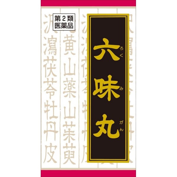 ※パッケージデザイン等は予告なく変更されることがあります ■ 排尿困難、頻尿、むくみ、かゆみに効果があります ■ 尿量が少ない、尿が出にくい、トイレが近いといった排尿異常を改善します ■ 腎の機能を高めることで、むくみやかゆみを改善します 効能 体力中等度以下で、疲れやすくて尿量減少又は多尿で、ときに手足のほてり、口渇があるものの次の諸症：排尿困難、残尿感、頻尿、むくみ、かゆみ、夜尿症、しびれ 成分 成人1日の服用量12錠（1錠330mg）中六味丸料エキス粉末・・・2,100mg（ジオウ2.5g、サンシュユ・サンヤク・タクシャ・ブクリョウ・ボタンピ各1.5gより抽出。）添加物として、二酸化ケイ素、セルロース、水酸化Al/Mg、ステアリン酸Mg、タルク、CMC-Na、CMC-Caを含有する 用法・用量 1日3回食前又は食間に水又は白湯にて服用。成人（15才以上）・・・1回4錠15才未満7才以上・・・1回3錠7才未満5才以上・・・1回2錠5才未満・・・服用しないこと 容量 180錠 ご注意 相談すること 次の人は服用前に医師又は薬剤師に相談してください 医師の治療を受けている人 妊婦又は妊娠していると思われる人 胃腸が弱く下痢しやすい人 次の場合、直ちに服用を中止し、この文書を持って医師又は薬剤師に相談してください 服用後、次の症状があらわれた場合 消化器・・・食欲不振、胃部不快感、腹痛 1ヵ月位服用しても症状がよくならない場合 次の症状があらわれることがありますので、このような症状の持続又は増強が見られた場合には、服用を中止し、医師又は薬剤師に相談してください 下痢 用法・用量に関連する注意 小児に服用させる場合には、保護者の指導監督のもとに服用させてください 成分に関連する注意 本剤は天然物（生薬）のエキスを用いていますので、錠剤の色が多少異なることがあります 保管及び取り扱い上の注意 直射日光の当たらない湿気の少ない涼しい所に密栓して保管してください 小児の手の届かない所に保管してください 他の容器に入れ替えないでください （誤用の原因になったり品質が変わります。） ビンの中の詰物は、輸送中に錠剤が破損するのを防ぐためのものです。開栓後は不要となりますのですててください 使用期限のすぎた商品は服用しないでください 水分が錠剤につきますと、変色または色むらを生じることがありますので、誤って水滴を落としたり、ぬれた手で触れないでください メーカー名 クラシエ薬品株式会社 広告文責 有限会社　永井(090-8657-5539,072-960-1414) 商品区分 第2類医薬品　