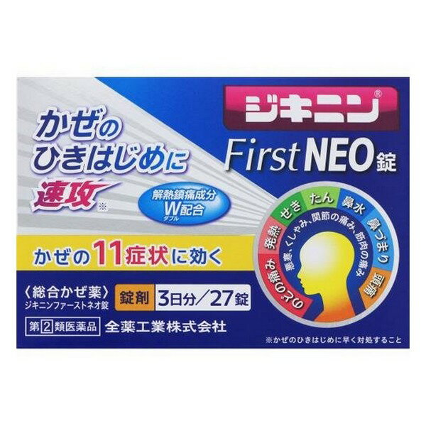 ※商品リニューアル等によりパッケージデザイン及び容量は予告なく変更されることがあります ■ ジキニンファーストネオ錠は、のどの痛みによく効く錠剤タイプのかぜ薬です。 ■ かぜのひき始めの「のどの痛み」に3つの有効成分がアプローチ！ アセトアミノフェンが脳から脊髄への痛みを抑制する経路を活性化することで痛みを抑え、イブプロフェンが痛みや熱のもとになるプロスタグランジンの生成を抑え、トラネキサム酸が抗プラスミン作用で起炎物質の産生を防いで炎症を抑えます。 ■ クイックリリース処方で溶けの速さを実現。 製剤への水の浸透性を高め、外部からだけでなく内部からも崩れさせることで溶けを速めました。 ■ 胃を守る成分グリシンを配合。 グリシンはタンパク質を作るアミノ酸の一種で、体内にもある物質です。緩衝作用によって胃の酸性度を和らげます。 効能・効果 かぜの諸症状（のどの痛み、発熱、せき、たん、鼻水、鼻づまり、頭痛、悪寒（発熱による寒気）、くしゃみ、関節の痛み、筋肉の痛み）の緩和。 成分・分量 （9錠中） アセトアミノフェン 180mg、イブプロフェン 360mg、トラネキサム酸 750mg、カンゾウ（甘草）エキス 121.6mg（原生薬換算量950mg）、ジヒドロコデインリン酸塩 24mg、dl-メチルエフェドリン塩酸塩 60mg、d-クロルフェニラミンマレイン酸塩 3.5mg、無水カフェイン 75mg、グリシン 180mg 添加物としてタルク、アセスルファムK、キサンタンガム、クロスカルメロースNa、、酸化チタン、ステアリン酸Mg、セルロース、ポリビニルアルコール（部分けん化物）、無水ケイ酸を含有します。 用法・用量 15才以上1回3錠、1日3回食後なるべく30分以内に服用してください。 ※15才未満は服用しないこと 容量 27錠 ご注意 使用上の注意 してはいけないこと （守らないと現在の症状が悪化したり、副作用・事故が起こりやすくなる。） 次の人は服用しないでください。 本剤又は本剤の成分によりアレルギー症状を起こしたことがある人。 本剤又は他のかぜ薬、解熱鎮痛薬を服用してぜんそくを起こしたことがある人 15才未満の小児。 出産予定日12週以内の妊婦。 本剤を服用している間は、次のいずれの医薬品も使用しないでください。 他のかぜ薬、解熱鎮痛薬、鎮静薬、鎮咳去痰薬、抗ヒスタミン剤を含有する内服薬等（鼻炎用内服薬、乗物酔い薬、アレルギー用薬等）、トラネキサム酸を含有する内服薬 服用後、乗物又は機械類の運転操作をしないでください。 （眠気等があらわれることがある。） 授乳中の人は本剤を服用しないか、本剤を服用する場合は授乳を避けてください。 服用前後は飲酒しないでください。 5日間を超えて服用しないでください。 相談すること 次の人は服用前に医師、薬剤師又は登録販売者に相談してください。 医師又は歯科医師の治療を受けている人。 妊婦又は妊娠していると思われる人。 高齢者。 薬などによりアレルギー症状を起こしたことがある人。 次の症状のある人。 高熱、排尿困難 次の診断を受けた人。 甲状腺機能障害、糖尿病、心臓病、高血圧、肝臓病、腎臓病、緑内障、全身性エリテマトーデス、混合性結合組織病、血栓のある人（脳血栓、心筋梗塞、血栓性静脈炎）、血栓症を起こすおそれのある人、呼吸機能障害、閉塞性睡眠時無呼吸症候群、肥満症 次の病気にかかったことのある人。 胃・十二指腸潰瘍、潰瘍性大腸炎、クローン病 服用後、次の症状があらわれた場合は副作用の可能性があるので、直ちに服用を中止し、この添付文書を持って医師、薬剤師又は登録販売者に相談してください。 皮膚・・・発疹・発赤、かゆみ、青あざができる 消化器・・・吐き気・嘔吐、食欲不振、胃部不快感、胃痛、口内炎、胸やけ、胃もたれ、胃腸出血、腹痛、下痢、血便 精神神経系・・・めまい 循環器・・・動悸 呼吸器・・・息切れ 泌尿器・・・排尿困難 その他・・・目のかすみ、耳なり、むくみ、鼻血、歯ぐきの出血、出血が止まりにくい、出血、背中の痛み、過度の体温低下、からだがだるい まれに下記の重篤な症状が起こることがあります。その場合は直ちに医師の診療を受けてください。 ショック（アナフィラキシー）・・・服用後すぐに、皮膚のかゆみ、じんましん、声のかすれ、くしゃみ、のどのかゆみ、息苦しさ、動悸、意識の混濁等があらわれる。 皮膚粘膜眼症候群（スティーブンス・ジョンソン症候群）、中毒性表皮壊死融解症、急性汎発性発疹性膿疱症・・・高熱、目の充血、目やに、唇のただれ、のどの痛み、皮膚の広範囲の発疹・発赤、赤くなった皮膚上に小さなブツブツ（小膿疱）が出る、全身がだるい、食欲がない等が持続したり、急激に悪化する。 肝機能障害・・・発熱、かゆみ、発疹、黄疸（皮膚や白目が黄色くなる）、褐色尿、全身のだるさ、食欲不振等があらわれる。 腎障害・・・発熱、発疹、尿量の減少、全身のむくみ、全身のだるさ、関節痛（節々が痛む）、下痢等があらわれる。 無菌性髄膜炎・・・首すじのつっぱりを伴った激しい頭痛、発熱、吐き気・嘔吐等があらわれる。（このような症状は、特に全身性エリテマトーデス又は混合性結合組織病の治療を受けている人で多く報告されている。） 間質性肺炎・・・階段を上ったり、少し無理をしたりすると息切れがする・息苦しくなる、空せき、発熱等がみられ、これらが急にあらわれたり、持続したりする。 ぜんそく・・・息をするときゼーゼー、ヒューヒューと鳴る、息苦しい等があらわれる。 再生不良性貧血・・・青あざ、鼻血、歯ぐきの出血、発熱、皮膚や粘膜が青白くみえる、疲労感、動悸、息切れ、気分が悪くなりくらっとする、血尿等があらわれる。 無顆粒球症・・・突然の高熱、さむけ、のどの痛み等があらわれる。 呼吸抑制・・・息切れ、息苦しさ等があらわれる。 服用後、次の症状があらわれることがあるので、このような症状の持続又は増強が見られた場合には、服用を中止し、この添付文書を持って医師、薬剤師又は登録販売者に相談してください。 便秘、口のかわき、眠気 5〜6回服用しても症状がよくならない場合は服用を中止し、この添付文書を持って医師、薬剤師又は登録販売者に相談してください。 （特に熱が3日以上続いたり、又熱が反復したりするとき） 用法・用量に関連する注意 用法・用量を厳守してください。 本剤は水又はぬるま湯で服用してください。 錠剤の取り出し方 錠剤の入っているPTPシートの凸部分を指先で強く押して、裏面のアルミ箔を破り、取り出して服用してください。 （誤ってそのまま飲み込んだりすると食道粘膜に突き刺さる等思わぬ事故につながる。） 保管及び取扱上の注意 直射日光のあたらない湿気の少ない涼しい所に保管してください。 小児の手のとどかない所に保管してください。 他の容器に入れかえないでください。（誤用の原因になったり品質が変わる。） 使用期限を過ぎた製品は、服用しないでください。 製造販売元 全薬工業株式会社　 東京都文京区大塚5-6-15 03-3946-3610 製造国 日本 使用期限 使用期限が180日以上あるものをお送りします 商品区分 指定第2類医薬品 広告文責 有限会社　永井(072-960-1414・090-8657-5539)