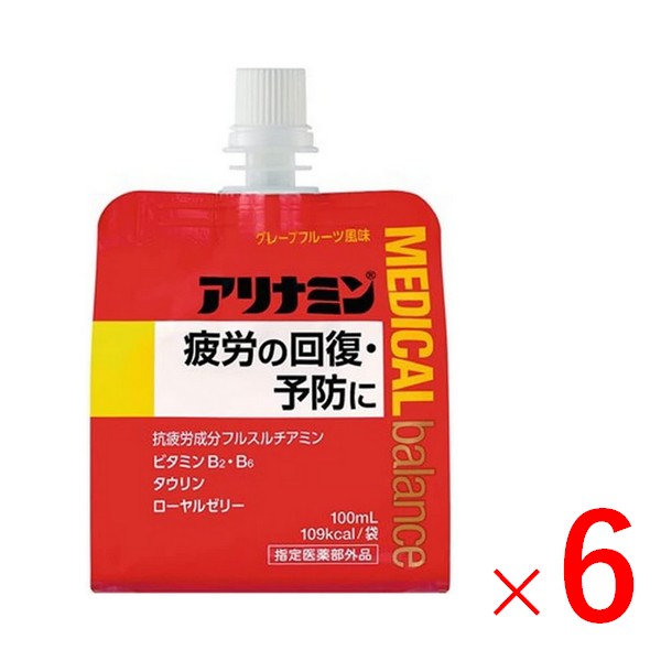 ※商品リニューアル等によりパッケージデザイン及び容量は予告なく変更されることがあります ■ 抗疲労成分「フルスルチアミン」に加え、ビタミンB2・B6、タウリン・ローヤルゼリーを配合。 食欲不振時の栄養補給や、疲労の回復・予防によく効く ■ フレーバーは爽やかなグレープフルーツ風味とアップル風味の2種類。 一袋当たり109kcal ■ いつでもどこでも飲めるパウチタイプ。 仕事や運動時の肉体疲労、食欲不振時や産前産後等の栄養補給など多様なシーンで活躍 効能・効果 疲労の回復・予防 体力、身体抵抗力または集中力の維持・改善 日常生活における栄養不良に伴う?身体不調の改善・予防 （肩、首、腰または膝の不調、疲れやすい、疲れが残る、体力がない、身体が重い、身体がだるい、二日酔いに伴う食欲の低下、だるさ、目の疲れ） 病中病後の体力低下時、発熱を伴う消耗性疾患時、?食欲不振時、妊娠授乳期または産前産後等の?栄養補給 成分・分量 1袋(100mL)中 成分 含量 フルスルチアミン塩酸塩（ビタミンB1誘導体） 1.5mg リボフラビンリン酸エステルナトリウム (ビタミンB2リン酸エステル) 2.54mg ピリドキシン塩酸塩（ビタミンB6） 10mg ニコチン酸アミド 25mg L-アスパラギン酸ナトリウム水和物 125mg タウリン（アミノエチルスルホン酸） 1000mg 無水カフェイン 50mg ローヤルゼリーエキスS （ローヤルゼリー200mgに相当） 20mg 添加物：プロピレングリコール、DL-リンゴ酸、水アメ、ブドウ糖、白糖、アセスルファムカリウム、精製ステビア抽出物、安息香酸Na、パラベン、カンテン、グァーガム、キサンタンガム、香料、エタノール、グリセリン、pH調整剤 本剤の服用により尿が黄色くなることがありますが、リボフラビンリン酸エステルナトリウムによるものなので心配ありません 用法・用量 15歳以上は1日1回1袋（100mL）を服用してください 容量 グレープフルーツ風味 100mL×6個 ご注意 使用上の注意 相談すること 服用後、次の症状があらわれた場合は副作用の可能性があるので、直ちに服用を中止し、この袋を持って医師、薬剤師または登録販売者に相談すること 皮膚：発疹 消化器：胃部不快感 服用後、次の症状があらわれることがあるので、このような症状の持続または増強が見られた場合には、服用を中止し、この袋を持って医師、薬剤師または登録販売者に相談すること 下痢 しばらく服用しても症状がよくならない場合は服用を中止し、この袋を持って医師、薬剤師または登録販売者に相談すること 用法・用量に関連する注意 用法・用量を守ること（他のビタミン等を含有する製品を同時に使用する場合には過剰摂取等に注意すること） 保管および取扱い上の注意 凍結させないこと 直射日光の当たらない涼しい所に保管すること 小児の手のとどかない所に保管すること 使用期限を過ぎた製品は服用しないこと 製造販売元 アリナミン製薬株式会社 541-0045 大阪市中央区道修町四丁目1番1号 0120-567-087 製造国 日本 商品区分 指定医薬部外品 広告文責 有限会社　永井(072-960-1414・090-8657-5539)