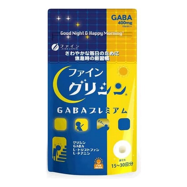 ※商品リニューアル等によりパッケージデザイン及び容量は予告なく変更されることがあります ■ ファイングリシンシリーズは、ロングセラーで出荷数は既に250万個を突破、多くのお客様にご愛顧いただいております。ファイングリシンGABAプレミアムは、お客様の要望をもとに生まれた、サプリ感覚の続けやすい錠剤タイプの製品です。 休息で大切なのは時間でなく深さ！グリシンを中心に4つの厳選素材を凝縮しました。 グリシン450mg、GABA400mg、L-テアニン50mg、L-トリプトファン50mg ■ サイズは、ちょうどいい大きさで飲みやすい300mgの錠剤を開発。 ご年配の方でも飲みやすい小さめの錠剤で、続けやすいから健康維持の習慣としてお役だていただけます。 そして、持ち運びに便利なアルミのパウチ袋入りです。 規格成分 3〜6粒(0.9〜1.8g)当たり グリシン 225〜450mg γ-アミノ酪酸(GABA) 200〜400mg L-トリプトファン 25〜50mg L-テアニン 25〜50mg 原材料名 マルチトール（国内製造）、γ-アミノ酪酸(GABA)/グリシン、結晶セルロース、ショ糖脂肪酸エステル、L-トリプトファン、L-テアニン、ヒドロキシプロピルセルロース、ステアリン酸Ca、微粒二酸化ケイ素、V.B2 アレルギー表示 　- 栄養成分 3〜6粒(0.9〜1.8g)当たり エネルギー 3.8〜7.6kcal たんぱく質 0.47〜0.95g 脂質 0.04〜0.08g 炭水化物 0.38〜0.76g 食塩相当量 0g お召し上がり方 本品を栄養補助食品として1日3〜6粒を目安に水または、ぬるま湯でお召し上がりください。 内容 27g(300mg×90 粒) ご注意 開封後はお早めにお召し上がりください。 体質に合わないと思われる時は、お召し上がりの量を減らすか、または止めてください。 一度に目安を超えて大量に摂取することはお止めください。 本品の製造工場では、乳成分・卵・小麦・えび・かにを含む製品を製造しております。 製造ロットにより、錠剤の色やにおいに多少の変化がありますが、品質上、問題はありません。 高温多湿や直射日光を避け、涼しいところに保存してください。 製造販売元 ファイン 533-0021 大阪市東淀川区下新庄5丁目7番8号 0120-056-356 製造国 日本 使用期限 使用期限が120日以上あるものをお送りします 商品区分 健康食品 広告文責 有限会社　永井(090-8657-5539,072-960-1414)