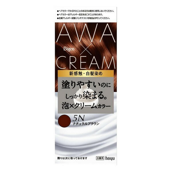 ※商品リニューアル等によりパッケージデザイン及び容量は予告なく変更されることがあります ■ 新提案　クリームと泡のハイブリッド剤 クリームと泡が同時に出てくる新剤型。 塗りやすさと染まりの良さを両立。 ■ 伸びがよくしっかり染まる新感触クリーム もっちりなめらかな質感の泡クリームがするりと伸びて、しっかり密着。 ■ 手塗りで簡単　広範囲までムラなくキレイ 手で染めるから、生え際から後ろ・内側まで隙のない染まり。 ■ 赤みを抑えた柔らかな髪色へ 白髪部分の赤みやオレンジみを抑え、白髪も黒髪もなじむ髪色に。 ■ 美しい髪色のために 美しい髪色に導くための、6種のこだわり成分配合。 ヘアカラー後の髪をいたわる、美容液付き。 色持ち成分：タウリン、テアニン ツヤ成分*1：ツバキ油、ヒマワリ油 *1毛髪保護成分 うるおい成分：海藻エキス、海洋コラーゲン*2 *2水溶性コラーゲン液-3 ■ 5N ナチュラルブラウン 品のある落ち着いたブラウン 成分 1剤 有効成分：5-アミノオルトクレゾール、トルエン-2.5-ジアミン、パラアミノフェノール、パラフェニレンジアミン、メタアミノフェノール、レゾルシン その他の成分：HEDTA・3Na2水塩、LPG、PEG-30ラノリン、POEセチルエーテル、POE(21)ラウリルエーテル、アスコルビン酸、海藻エキス-1、強アンモニア水、グリコール酸、水溶性コラーゲン液-3、ステアルトリモニウムクロリド、セタノール、タウリン、ツバキ油、テアニン、尿素、ヒマワリ油-1、ミリスチルアルコール、無水亜硫酸Na、モノエタノールアミン、ルチン、香料 2剤 有効成分：過酸化水素水 その他の成分：POEステアリルエーテル、POEセチルエーテル、アクリルアミド・アクリル酸・塩化ジメチルジアリルアンモニウム共重合体液、高重合ジメチコン-1、ステアリルアルコール、ステアルトリモニウムクロリド、ヒドロキシエタンジホスホン酸4Na液、ヒドロキシエタンジホスホン酸液、フェノキシエタノール、ベヘニルアルコール、ポリ塩化ジメチルジメチレンピロリジニウム液、流動パラフィン 美容液 水、ジメチコン、PG、エタノール、グリセリン、セテアリルアルコール、ベヘントリモニウムメトサルフェート、セタノール、BG、(C12-14)パレス-12、EDTA-2Na、アミノプロピルジメチコン、アモジメチコン、加水分解コンキオリン、ジメチコノール、酒石酸、タウリン、テアニン、ハチミツ、ヒドロキシエチルセルロース、フェノキシエタノール、ミリスチン酸オクチルドデシル、香料 セット内容 1剤 50g + 2剤 40g + アフターカラー美容液 5mL 手袋 使用説明書 ご使用方法 ボトルを振る 上下に20回ほど強く振ります。 手に出す プッシュレバーをしっかり押し、 クリームを出します。 髪にぬる 乾いた髪にぬり、髪全体に なじませます。30分放置します。 洗い流す よくすすぎ、シャンプー・ コンディショナーをし、 タオルドライ後、付属のアフターカラー美容液で仕上げます。 ご注意 必ずご購入前、ご使用前にお読みください。 ご使用の際は使用説明書をよく読んで正しくお使いください。 次の方は使用しないでください。 今までに本品に限らずヘアカラーでかぶれたことのある方 今までに染毛中または直後に気分の悪くなったことのある方 皮膚アレルギー試験(パッチテスト)の結果、皮膚に異常を感じた方 頭皮あるいは皮膚が過敏な状態になっている方(病中、病後の回復期、生理時、妊娠中等) 頭、顔、首筋にはれもの、傷、皮膚病がある方 腎臓病、血液疾患等の既往症がある方 体調不良の症状が持続する方(微熱、けん怠感、動悸、息切れ、紫斑、出血しやすい、月経等の出血が止まりにくい等) 薬剤や洗髪時の洗い液が目に入らないようにしてください。 眉毛、まつ毛には使用しないでください。 幼小児の手の届かない所に保管してください。 高温や直射日光を避けて保管してください。 幼小児には使用しないでください。 製造販売元 ホーユー株式会社 〒461-8650 愛知県名古屋市東区徳川1-501 0120-416-229 製造国 日本 商品区分 医薬部外品 広告文責 有限会社　永井(090-8657-5539,072-960-1414)