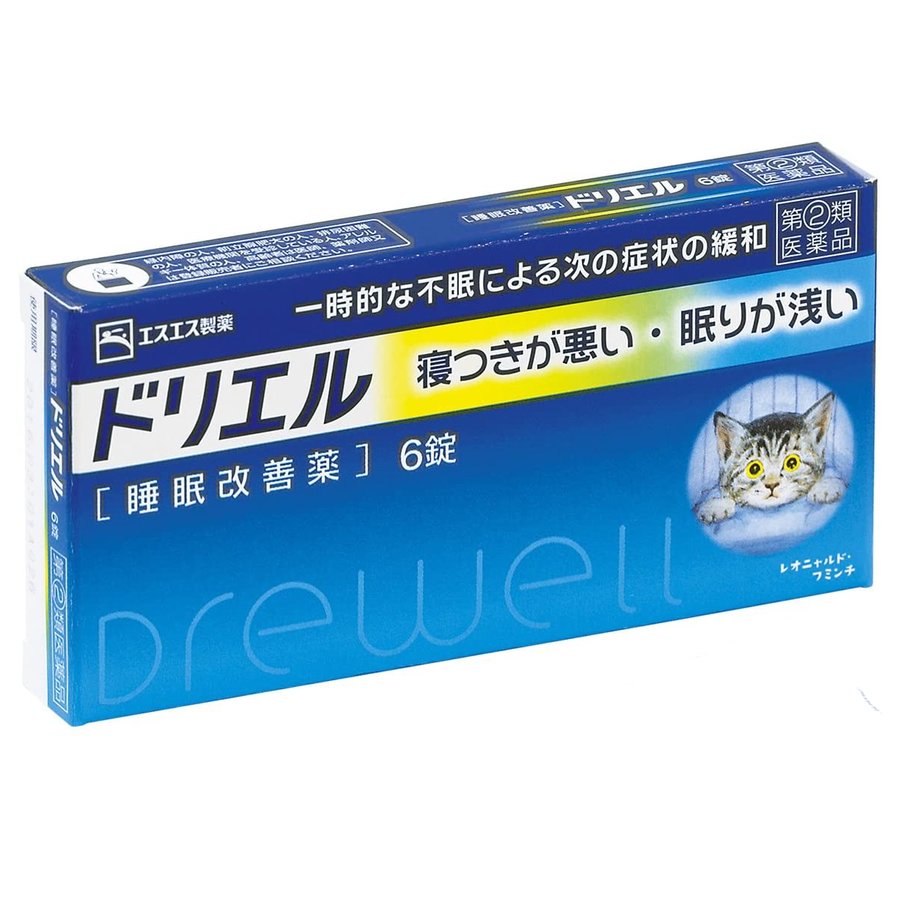 ※パッケージデザイン等は予告なく変更されることがあります 「寝つきが悪い」、「眠りが浅い」といった多くの現代人の抱える一時的な不眠症状*を緩和することで、生活全体を充実させQOL(Quality of life:生活の質)の向上に貢献いたします。病院で処方される睡眠薬(ベンゾジアゼピン系など)とは異なり、ドリエル・ドリエルEXはOTC医薬品のかぜ薬や鼻炎薬などに含まれる抗ヒスタミン剤の一種、ジフェンヒドラミン塩酸塩を配合しており、その作用で一時的な不眠症状を緩和します *一時的な不眠とは、「精神疾患等病的な原因のない人が経験する一過性の不眠」のことで、その持続期間は数日間で、一週間を超えない範囲の不眠のことを言います ◆ 寝つきが悪い・眠りが浅いといった、一時的な不眠症状の緩和に効果をあらわす睡眠改善薬です ◆ 効き目成分のジフェンヒドラミン塩酸塩は、アレルギー症状をおさえる目的で広く使われていますが、服用により眠気をもよおすという作用があり、ドリエルはそれを応用してつくられました ◆ 布団に入ってもなかなか寝つけないときなど、1回2錠を就寝前に服用してください 効能・効果 一時的な不眠の次の症状の緩和：寝つきが悪い、眠りが浅い 成分・分量 2錠中 ジフェンヒドラミン塩酸塩・・・50mg添加物として、クロスCMC-Na、無水ケイ酸、セルロース、乳糖、ヒドロキシプロピルセルロース、ヒプロメロース、マクロゴール、ステアリン酸Mg、タルク、酸化チタンを含有します 用法・用量 寝つきが悪い時や眠りが浅い時、次の1回量を1日1回就寝前に服用します 年齢 成人(15歳以上) 15歳未満 1回量 2錠 服用しないこと 容量 6錠 使用上の注意 してはいけないこと (守らないと現在の症状が悪化したり、副作用・事故が起こりやすくなります) 次の人は服用しないでください 妊婦又は妊娠していると思われる人 15歳未満の小児 日常的に不眠の人 不眠症の診断を受けた人 本剤を服用している間は、次のいずれの医薬品も使用しないでください他の催眠鎮静薬、かぜ薬、解熱鎮痛薬、鎮咳去痰薬、抗ヒスタミン剤を含有する内服薬（鼻炎用内服薬、乗物酔い薬、アレルギー用薬） 服用後、乗物又は機械類の運転操作をしないでください (眠気をもよおして事故を起こすことがあります。また、本剤の服用により、翌日まで眠気が続いたり、だるさを感じる場合は、これらの症状が消えるまで、乗物又は機械類の運転操作をしないでください) 授乳中の人は本剤を服用しないか、本剤を服用する場合は授乳を避けてください 服用前後は飲酒しないでください 寝つきが悪い時や眠りが浅い時のみの服用にとどめ、連用しないでください 相談すること 次の人は服用前に医師、薬剤師又は登録販売者に相談してください 医師の治療を受けている人 高齢者 （高齢者では眠気が強くあらわれたり、また反対に神経が高ぶるなどの症状があらわれることがあります） 本人又は家族がアレルギー体質の人 次の症状のある人 排尿困難 次の診断を受けた人 緑内障、前立腺肥大 次の場合は、直ちに服用を中止し、この説明書を持って医師又は薬剤師に相談してください 服用後、次の症状があらわれた場合 皮膚・・・発疹・発赤、かゆみ 消化器・・・胃痛、悪心・嘔吐、食欲不振 精神神経系・・・めまい、頭痛、起床時の頭重感、昼間の眠気、気分不快、神経過敏、 一時的な意識障害 （注意力の低下、ねぼけ様症状、判断力の低下、言動の異常等） その他・・・動悸、倦怠感。、排尿困難 2〜3回服用しても症状がよくならない場合 次の症状があらわれることがあるので、このような症状の継続又は増強がみられた場合には、服用を中止し、医師又は薬剤師に相談してください 口のかわき、下痢 その他の注意 翌日まで眠気が続いたり、だるさを感じることがあります 用法・用量に関連する注意 定められた用法・用量を厳守してください 1回1カプセルを超えて服用すると、神経が高ぶるなど不快な症状があらわれ、逆に眠れなくなることがあります 就寝前以外は服用しないでください 保管及び取扱い上の注意 直射日光の当たらない湿気の少ない涼しい所に保管してください 小児の手の届かない所に保管してください 他の容器に入れ替えないでください。（誤用の原因になったり品質が変わることがあります） 使用期限をすぎたものは服用しないでください 製造販売元 エスエス製薬株式会社 〒103-8481 東京都中央区日本橋浜町2丁目12番4号 0120-028-193 使用期限 使用期限が180日以上あるものをお送りします 製造国 日本 商品区分 指定第2類医薬品 広告文責 有限会社　永井(090-8657-5539,072-960-1414)