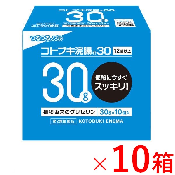 ※商品リニューアル等によりパッケージデザイン及び容量は予告なく変更されることがあります ■ 便秘に今すぐスッキリ 頑固な便秘は放置すると、痔になったり普段の生活にも悪影響をもたらします つらい便秘でお困りなら、コトブキ浣腸シリーズをご利用ください 効能・効果 便秘 成分・分量 日局　グリセリン・・・15.0g 添加物として　ベンザルコニウム塩化物含有 溶剤として精製水 用法・用量 12歳以上1回1個（30g）を直腸内に注入しますそれで効果のみられない場合には、さらに同量をもう一度注入してください 容量 30g×10個×10箱セット 使用方法 容器先端のキャップを取り外し、肛門部へなるべく深く挿入します（滑らかに挿入できない場合は、薬液を少し出し、先端周囲をぬらすと挿入しやすくなります） 容器を押しつぶしながらゆっくりと薬液を注入します 薬液注入後、2〜5分我慢して十分便意が強まってから排便してください 【便秘しがちな方のために】 規則的な排便の習慣をつけることが大切で、毎日時間をきめて一定時間トイレに入るよう心がけてください また、便意をもよおしたときは、がまんせずトイレに行ってください 繊維質の多い食べ物と水分を多くとるように心がけてください （例：野菜類、果物、コンニャク、カンテン、海藻等） 適度な運動、腹部マッサージ等を行うよう心がけてください 早朝、起きがけに冷たい水または牛乳等を飲むと便意をもよおしやすくなります ご注意 使用上の注意 してはいけないこと 連用しないこと(常用すると、効果が減弱し(いわゆる「なれ」が生じ)薬剤にたよりがちになる) 相談すること 次の人は使用前に医師、薬剤師又は登録販売者に相談すること 医師の治療を受けている人 妊婦又は妊娠していると思われる人（流早産の危険性があるので使用しないことが望ましい） 高齢者 はげしい腹痛、吐き気・嘔吐、痔出血のある人 心臓病の診断を受けた人 次の場合は、使用を中止し、この外箱を持って医師、薬剤師又は登録販売者に相談すること 2〜3回使用しても排便がない場合 その他の注意 立ちくらみ、肛門部の熱感、不快感があらわれることがある 用法・用量に関連する注意 用法・用量を厳守すること 本剤使用後は、便意が強まるまで、しばらくがまんすること（使用後、すぐに排便を試みると薬剤のみ排出され、効果がみられないことがある） 12歳未満の小児には使用させないこと 浣腸にのみ使用すること 無理に挿入すると、直腸粘膜を傷つけるおそれがあるので注意してください 冬季は容器を温湯（40℃）に入れ、体温近くまで温めると快適に使用できます 保管及び取り扱い上の注意 直射日光の当たらない涼しい所に保管すること 小児の手の届かない所に保管すること 他の容器に入れ替えないこと （誤用の原因になったり品質が変わる） メーカー名 ムネ製薬株式会社 商品区分 医薬品＞浣腸 広告文責 有限会社　永井 (072-960-1414・090-8657-5539) 　　