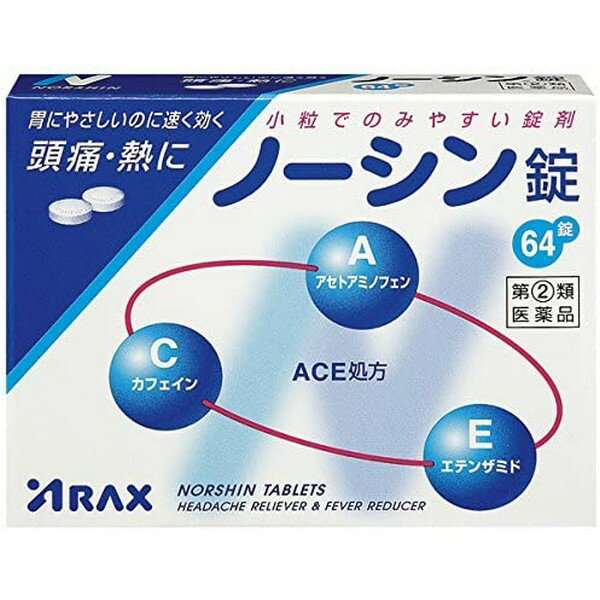 ※商品リニューアル等によりパッケージデザイン及び容量は予告なく変更されることがあります ■ 頭痛によく効く、3つの有効成分を配合したACE処方 胃にやさしいのに速く効く ■ 小粒でのみやすい錠剤です 眠くなる成分や習慣性のある成分は含まれていません 効能・効果 頭痛・歯痛・月経痛(生理痛)・神経痛・関節痛・腰痛・肩こり痛・咽喉痛・耳痛・抜歯後の疼痛・筋肉痛・打撲痛・ねんざ痛・骨折痛・外傷痛の鎮痛 悪寒・発熱時の解熱 成分・分量 2錠中 アセトアミノフェン　300mg エテンザミド　160mg カフェイン水和物　70mg 添加物としてヒドロキシプロピルセルロース、ケイ酸Ca、アルファー化デンプン、ステアリン酸Mgを含有する 用法・用量 大人(15才以上)　1回2錠1日3回を限度とし、なるべく空腹時をさけて服用してください。 服用間隔は4時間以上おいてください 容量 64錠 ご注意 使用上の注意 してはいけないこと(守らないと現在の症状が悪化したり、副作用・事故が起こりやすくなります) 次の人は服用しないでください 本剤又は本剤の成分によりアレルギー症状を起こしたことのある人 本剤又は他の解熱鎮痛薬、かぜ薬を服用してぜんそくを起こしたことがある人 本剤を服用している間は、次のいずれの医薬品も使用しないでください 他の鎮咳去痰薬、かぜ薬、鎮静薬 服用前後は飲酒しないでください 長期連用しないでください 相談すること 次の人は服用前に医師、薬剤師又は登録販売者に相談してください 医師又は歯科医師の治療を受けている人 妊婦又は妊娠していると思われる人 高齢者 薬などによりアレルギー症状を起こしたことがある人 次の診断を受けた人 　心臓病、腎臓病、肝臓病、十二指腸潰瘍 服用後、次の症状があらわれた場合は副作用の可能性があるので、直ちに服用を中止し、この文書を持って医師、薬剤師又は登録販売者に相談してください 皮ふ・・・発疹・発赤、かゆみ 消化器・・・吐き気・嘔吐、食欲不振 精神神経系・・・めまい その他・・・過度の体温低下 まれに下記の重篤な症状が起こることがあります。その場合は直ちに医師の診療を受けてください ショック（アナフィラキシー）、皮膚粘膜眼症候群（スティーブンス・ジョンソン症候群）、中毒性表皮壊死融解症、急性汎発性発疹制膿疱症、肝機能障害、腎障害、間質性肺炎、ぜんそく 5〜6回服用しても症状がよくならない場合は服用を中止し、この文書を持って医師、薬剤師又は登録販売者に相談してください 用法・用量に関連する注意 定められた用法・用量を厳守してください 保管及び取り扱い上の注意 直射日光の当たらない湿気の少ない涼しい所に保管してください 小児の手の届かない所に保管してください 他の容器に入れ替えないでください（誤用の原因になったり品質が変わります） 使用期限を過ぎた製品は服用しないでください 製造販売元 株式会社 アラクス 〒460-0002 名古屋市中区丸の内3丁目2-26 TEL:052-951-7211 使用期限 使用期限が180日以上あるものをお送りします 製造国 日本 商品区分 指定第2類医薬品 広告文責 有限会社　永井 (072-960-1414・090-8657-5539) 　　