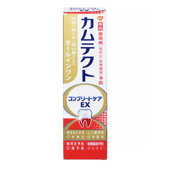 ※商品リニューアル等によりパッケージデザイン及び容量は予告なく変更されることがあります ★ 歯ぐきからの出血が気になる方のために特別に開発 ★ 健康な歯ぐきと強い歯のためのオールインワンハミガキです ★ 独自の歯ぐきEFP処方の濃密ハミガキは、ホワイトエクストラファインパウダー＊を約70％配合 ※炭酸水素ナトリウム・含水ケイ酸（清掃剤）フッ素配合。 ★ バクテリアの巣である歯垢をブラッシングで取り除きます 効能・効果 歯肉炎の予防。歯槽膿漏の予防。ムシ歯の発生および進行の予防。口臭の防止。歯を白くする。口中を浄化する。口中を爽快にする。 成分・分量 清掃剤：炭酸水素ナトリウム、含水ケイ酸 湿潤剤：濃グリセリン 発泡剤：ラウリル硫酸ナトリウム、ヤシ油脂肪酸アミドプロピルベタイン 香味剤：香料(プレミアムミント)、サッカリンナトリウム、ステビアエキス 清涼剤：L-メントール 安定剤：酸化チタン 粘結剤：キサンタンガム 薬用成分：フッ化ナトリウム(フッ素)、イソプロピルメチルフェノール(IPMP)、グリチルリチン酸モノアンモニウム(MAG) 着色剤：黄酸化鉄、赤色227号 ご使用方法 適量を歯ブラシにとり、ていねいに歯と歯ぐきをブラッシングし、飲み込まずに口をすすいでください。 歯周病を防ぐため、カムテクトで毎日2-3回ハミガキすることをおすすめします。 容量 105g 使用上の注意 本剤の使用により発疹、発赤、かゆみ、口腔内の炎症（粘膜異常、痛みなど）が現れた場合は使用を中止し、医師、歯科医師又は薬剤師にご相談ください。 6歳以下の小児が使用する際には、誤飲に注意してください。 小児の使用に際しては医師、歯科医師へのご相談をおすすめします。 使用後は小児の手の届かないところに保管してください。傷などに直接つけないようにしてください。 製造販売元 グラクソ・スミスクライン・コンシューマー・ヘルスケア・ジャパン株式会社 〒107-0052 東京都港区赤坂1-8-1赤坂インターシティAIR 0120-461-851 製造国 日本 使用期限 使用期限が180日以上あるものをお送りします 商品区分 医薬部外品 広告文責 有限会社　永井(090-8657-5539,072-960-1414)