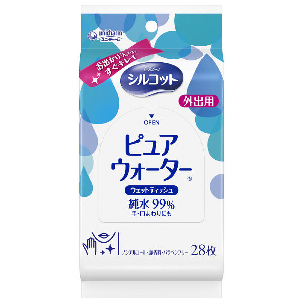 《ユニ・チャーム》 シルコット ピュアウォーターウェットティッシュ 外出用 28枚入