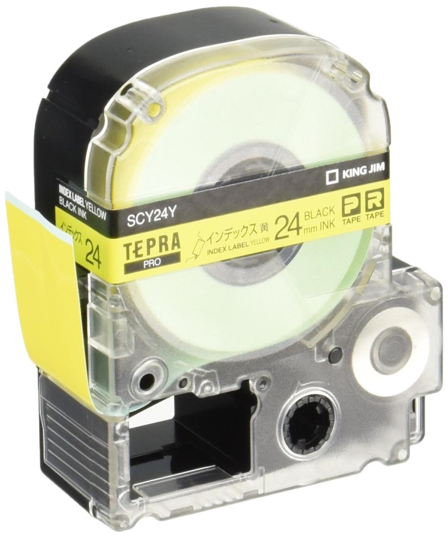 サイズ：24mm◆商品名：キングジム 【純正】 テプラPROテープカート リッジ インデックスラベル 24mm 黄ラベル/黒文字 長さ8m SCY24Y【テープ幅】24mm【テープ長さ】8m【テープ色】黄【文字色】黒【原産国】日本ミシン目入りで折りやすくキレイに貼れるインデックス用ラベルです。※インデックスラベルをご使用の際はテプラPRO本体のビジネスフォーム:インデックスまたはPCラベルソフトをご使用ください。※ビジネスフォーム:インデックスのないテプラPRO本体もご使用いただけます。詳しくは商品に同梱している取扱説明書を参照してください。