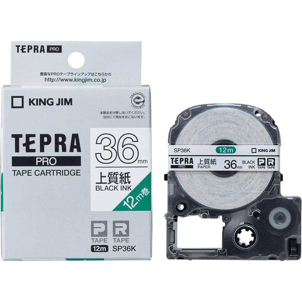 スタイル：上質紙ラベル◆商品名：キングジム 【純正】 テプラPROテープカート リッジ 上質紙ラベル 36mm 白ラベル/黒文字 長さ12m SP36K型番 : SP36Kサイズ : 幅64×奥行き39×高さ75mm重量 : 約95g長さ : 12m幅 : 36mmテプラPROシリーズ専用テープ テープカート リッジ テプラPRO 上質紙 36mm SP36K 白。36mm幅で葉書や封筒の宛名ラなどに適しています。白地に黒文字で印字される上質紙ラベルになります。