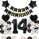 14歳 誕生日 バルーン 風船 飾り付け セット 数字バルーン 1 HAPPY BIRTHDAYガーランド ハート風船 紙吹雪風船 バースデーバルーン 大人 男の子 女の子 ブラック