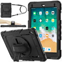 SEYMAC stock iPad 6世代/5世代/Pro 9.7/Air2 9.7インチケース 耐衝撃 保護フィルム付き ペン収納 360°回転スタンド ハンドストラップ ショルダーストラップ 全面保護カバー(ブラック)