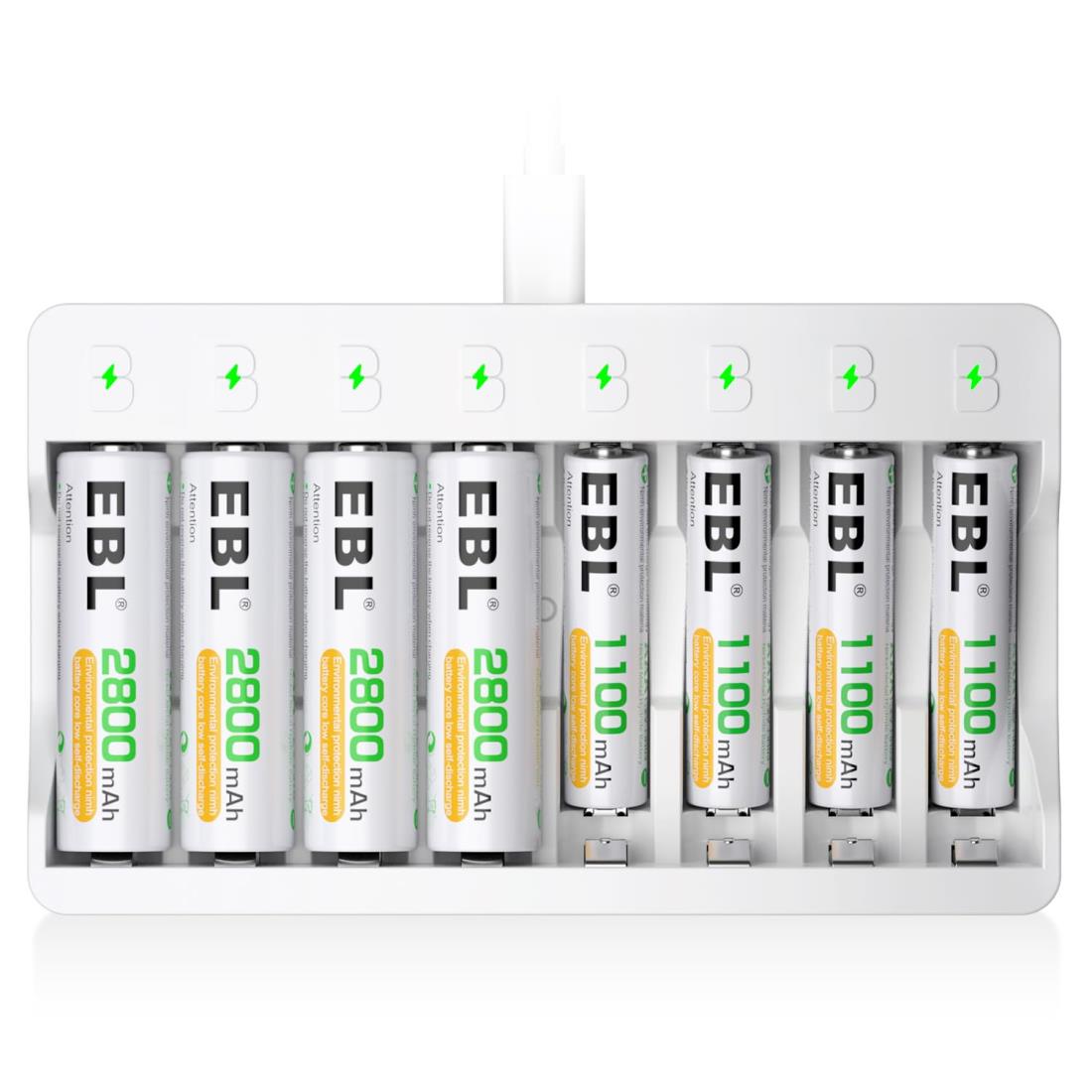 EBL 充電池充電器セット 急速充電器+単3電池(2800mAh*4)+単4電池(1100mAh*4)パック LED搭載充電器 単4電池 充電式 充電器セット 単三付き ニッケル水素/ニカド充電池に対応 電池収納ケース