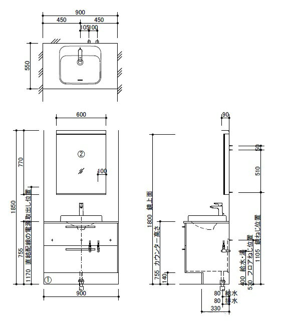 TOTOドレーナLDSZA090ACRDB1E 化粧台2段引出ドア枠回避R LMZA060G1MLG1G 木製一面鏡やわらかLED照明扉：ベルベアッシュウッドカウンター：セルカダークグレー止水栓別途2021年2月マイナーチェンジします。