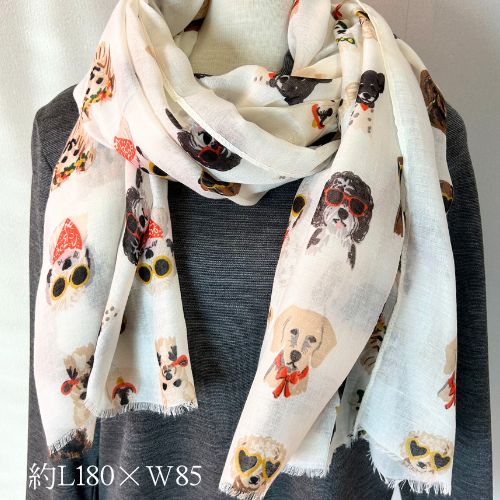 P10倍【3月入荷】大判ストール スカーフ 犬柄 ドッグ dog プリント ベージュ ホワイト レディース 大きめ サングラス わんこ