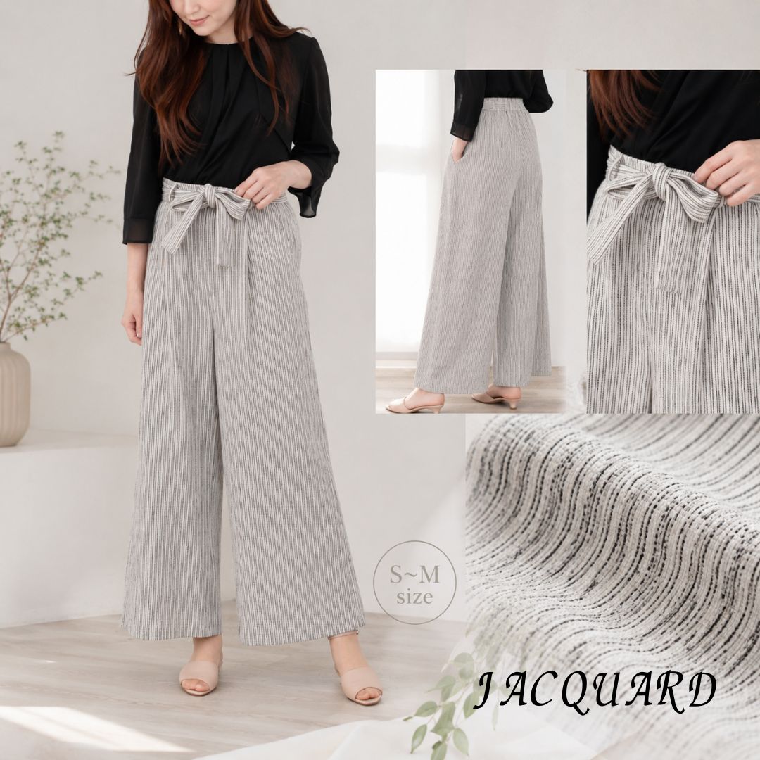Rakuten - P10倍【20％OFFクーポン】 ジャガード ワイドパンツ レディース ロングワイドパンツ ストレートパンツ ストライプ リボン ひも ベルト付き きれいめ 40代 50代 ロング ウエストゴム 白 ズボン 黒 ブラック モノトーン タック S 小さいサイズ 涼しい 美脚 シニア 夏