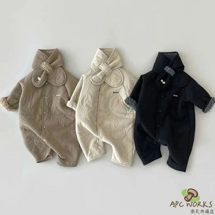 ロンパース 長袖 マフラー付き ベビー ベビー服 女の子 男の子 カバーオール キッズ 綿 コットン 裏起毛 裏ボア アウター 長袖 防寒 子供服 新生児 赤ちゃん おしゃれ 可愛い 66 73 80 90cm 子ども服 出産お祝い プレゼント 誕生日 入園 保育園 春 秋 冬 お出かけ