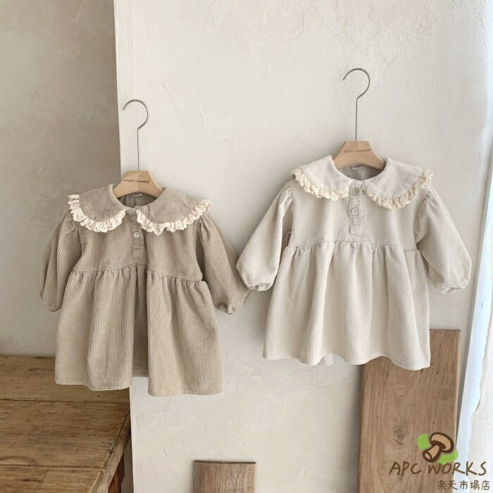 乐天商城 - ベビー服 ワンピース 長袖 レース キッズ ベビー ワンピース コーデュロイ 可愛い 丸襟 柔らかい 暖かい 子供 女の子 春 秋 冬 シンプル ナチュラル くすみカラー かわいい おしゃれ 防寒 70cm 80cm 90cm 100cm おしゃれ