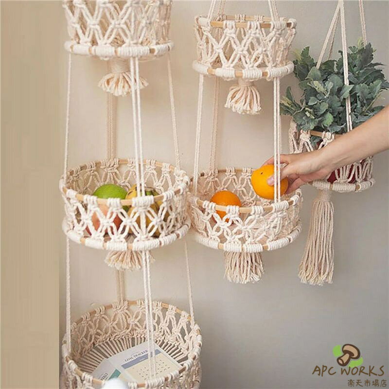 送料無料 吊り下げ収納 ラック 収納バスケット 3段 編みかご 吊り下げラック マクラメ ロープ 壁掛け 雑貨 北欧 ウォールデコレーション ロープ ナチュラル 部屋の模様替え 民宿 寝室 果物 野菜 壁掛けバスケット 植物ハンギングバスケット