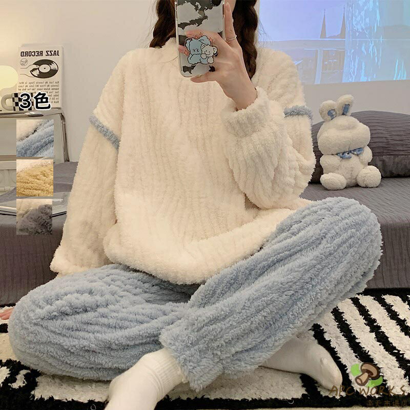 Underwear, Sleepwear - 送料無料 ルームウェア 2点セット パジャマ 上下セット　レディース パジャマ 女性 かわいい 秋冬 冬 もこもこ あったか 部屋着 ナイトウェア ルーム ウェア プレゼント セットアップ 可愛い 暖かい 防寒 長袖 ルームウェア